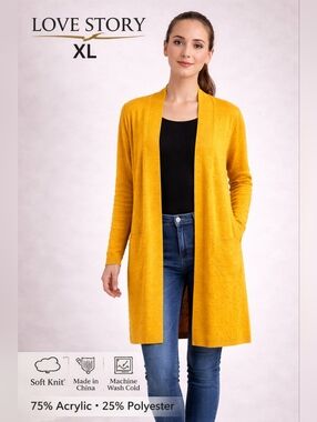 Love Story Women’s Long Cardigan Mustard Yellow Acrylic Polyester Open Front XL